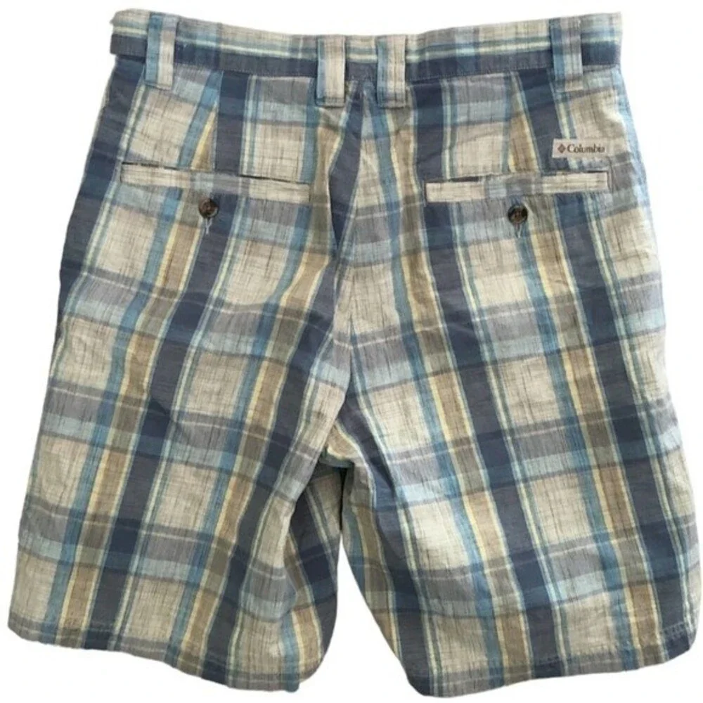 Columbia Men’s Plaid Shorts Size 32 Blue Tan Cotton 11” Rise 9” Inseam Outdoor